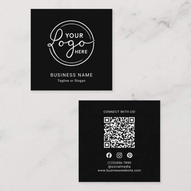 Modern Black Custom Logo QR Code Quadratische Visitenkarte (Vorne/Hinten)