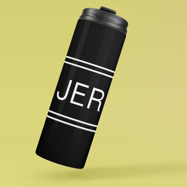 Modern Black Custom Monogram Stylish Initials Thermosbecher (Modern Black & White Custom Monogrammed Initials Stylish Thermal Tumbler For Him or For Her)