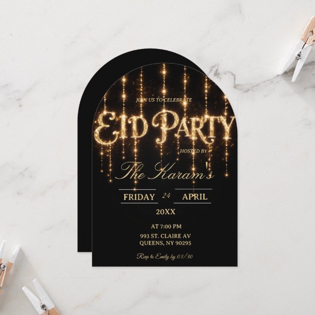 Modern Black elegant Eid Party Invitation Card Einladung (Vorderseite/Rückseite Beispiel)