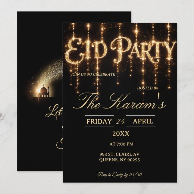 Modern Black elegant Eid Party Invitation  Einladung (Vorne/Hinten)