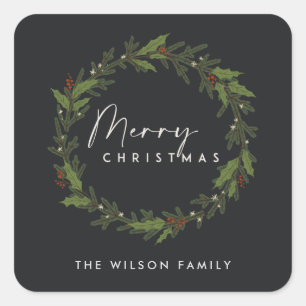 MODERN BLACK ELEGANT HOLLY BERRY WREATH CHRISTMAS QUADRATISCHER AUFKLEBER