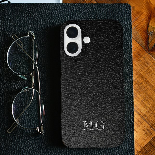 Modern Black Faux Leather White Monogram Initials Case-Mate iPhone Hülle (Von Creator hochgeladen)
