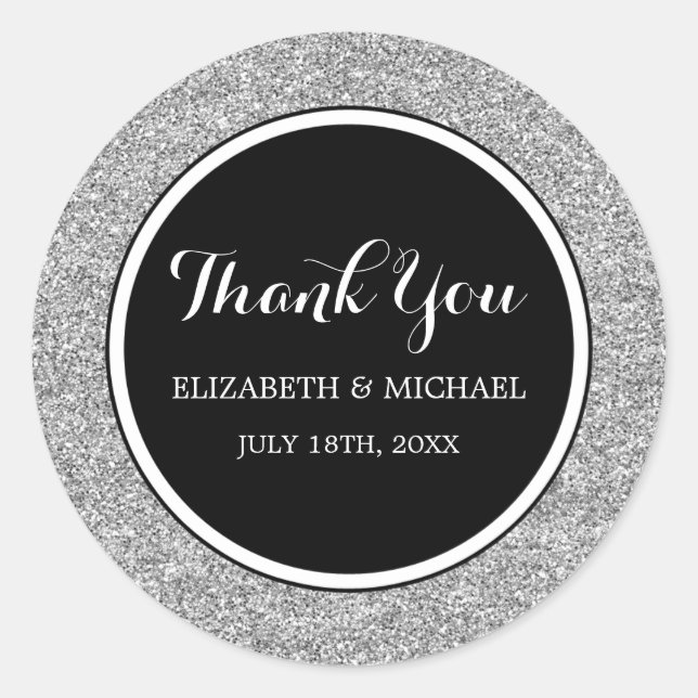 Modern Black Faux Silver Glitter Wedding Vielen Da Runder Aufkleber (Vorderseite)