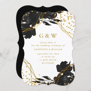 Modern Black Floral Imitats Gold Geometric Wedding Einladung
