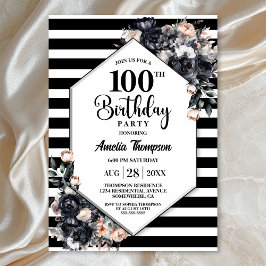 Modern Black Floral Striped 100. Geburtstagsparty Einladung