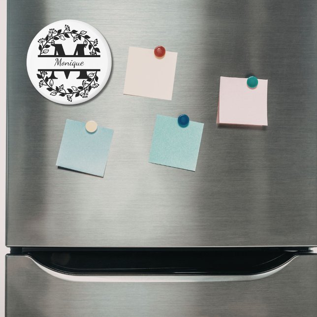 Modern Black Floral Wreath Split Monogram "M" Magnet (Von Creator hochgeladen)