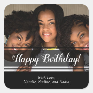 Modern Black Foto Happy Birthday Square Sticker