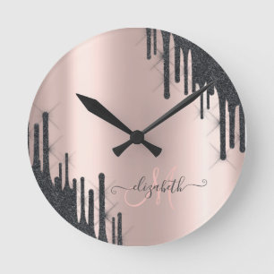 Modern Black Glitter Drips Rose Gold Monogram   Runde Wanduhr