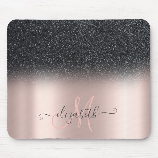 Modern Black Glitzer Ombre Rose Gold Monogram Mousepad (Vorne)