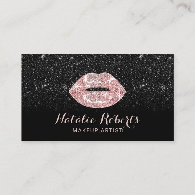 Modern Black Glitzer Rose Gold Lippen Makeup Künst Visitenkarte (Vorderseite)
