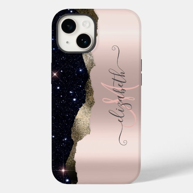 Modern Black Glitzer Rose Gold Monogram Case-Mate iPhone Hülle (Rückseite)