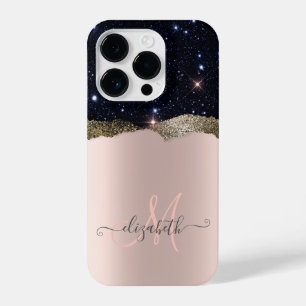 Modern Black Glitzer Rose Gold Monogram iPhone 14 Pro Hülle