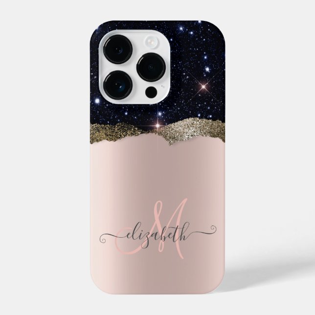 Modern Black Glitzer Rose Gold Monogram iPhone Hülle (Rückseite)