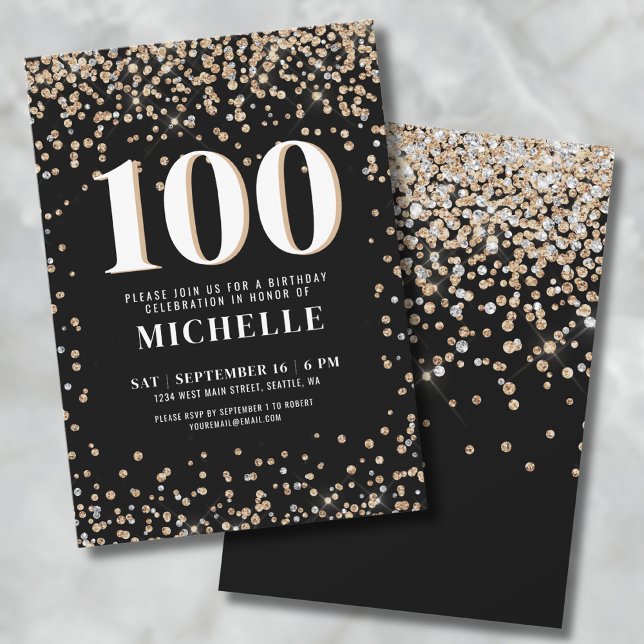 Modern Black Gold 100. Geburtstag Einladung (Black Gold 100th Birthday Invitation)