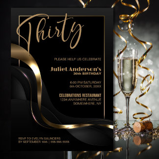 Modern Black Gold 30. Geburtstag Party Einladung