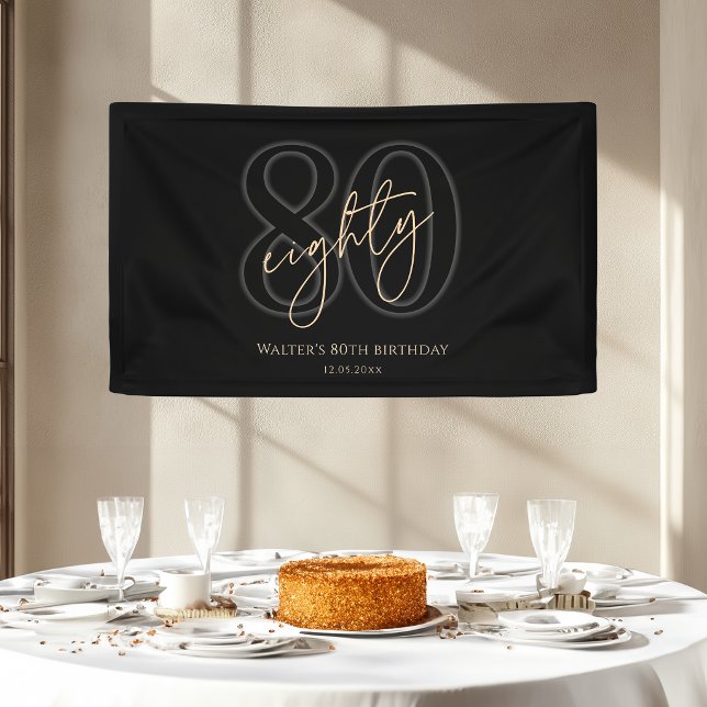 Modern Black Gold 80. Geburtstagsfeier Banner (Modern Black Gold 80th Birthday Party Banner)