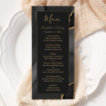 Modern Black Gold Agate Dark Wedding Menükarte<br><div class="desc">This elegant,  modern wedding menu features a watercolor black agate background trimmed with gold faux glitter. The text appears in elegant gold colored handwriting and copperplate fonts on an off-black rectangle. The agate design is repeated on the reverse.</div>