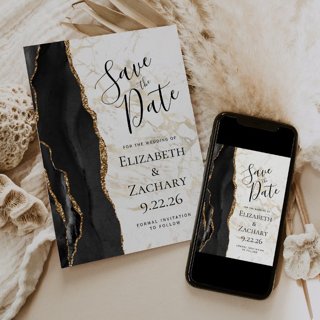 Modern Black Gold Agate Marble Save the Date (Von Creator hochgeladen)