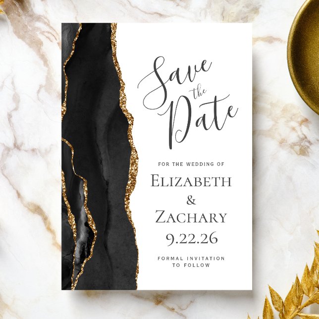 Modern Black Gold Agate Save the Date Card (Von Creator hochgeladen)