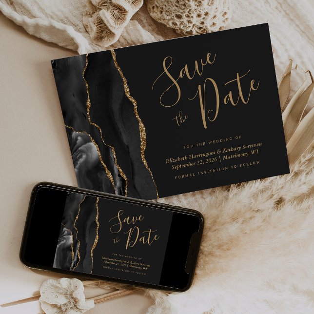 Modern Black Gold Agate Save the Date Card Einladung (Von Creator hochgeladen)