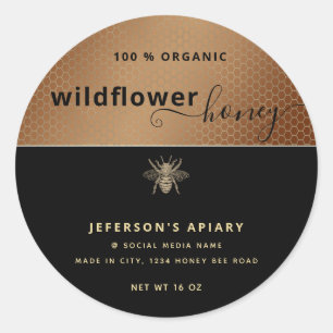 Modern Black Gold Biene Drehbuch Honey Jar Runder Aufkleber