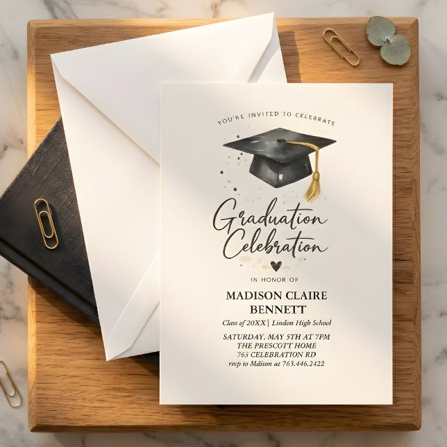 Modern Black & Gold Calligraphy Graduation Party  Einladung (Von Creator hochgeladen)