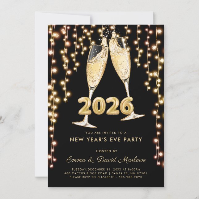 Modern Black Gold Champagne 2026 New Years Eve Einladung (Vorderseite)