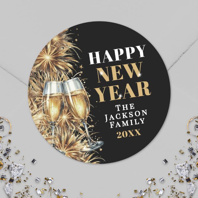 Modern Black Gold Champagne New Year's Eve Party Runder Aufkleber (Modern Black Gold Champagne New Year's Eve Party Classic Round Sticker)