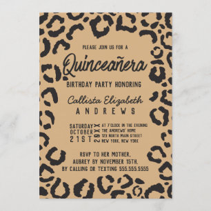 Modern Black Gold Cheetah Leopard Quinceañera Einladung