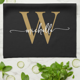 Modern Black Gold Custom Monogram Name Script Geschirrtuch