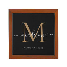 Modern Black Gold Elegante Monogram Script Name
