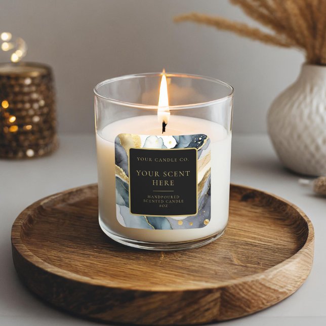 Modern Black Gold Elegantes Watercolor Candle Labe Quadratischer Aufkleber (Von Creator hochgeladen)