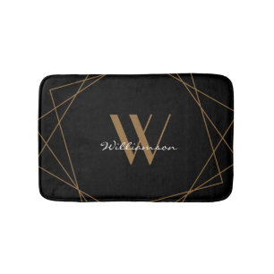 Modern Black Gold Elegantes White Monogram Script Badematte