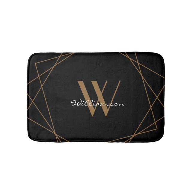 Modern Black Gold Elegantes White Monogram Script Badematte (Vorderseite)