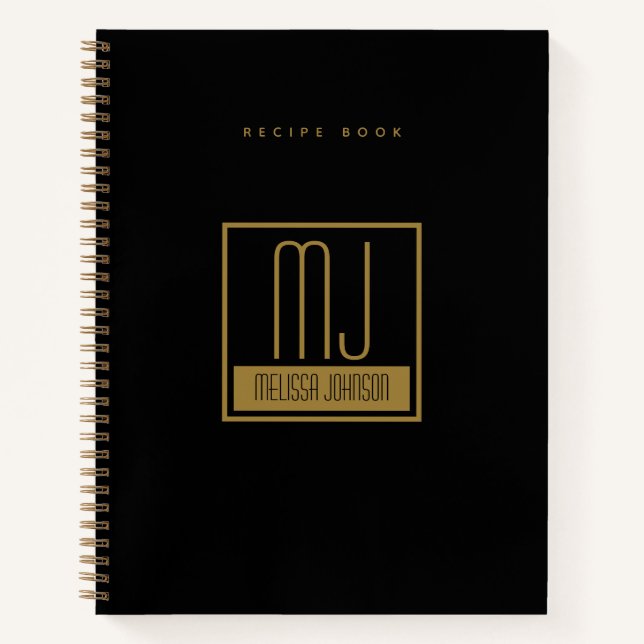 Modern Black Gold Erstmaliges Monogram Rezept Cook Notizbuch (Vorderseite)