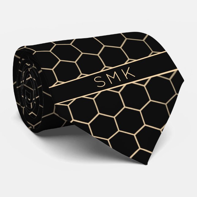 Modern Black Gold Foil Geometric Monogram Krawatte (Gerollt)