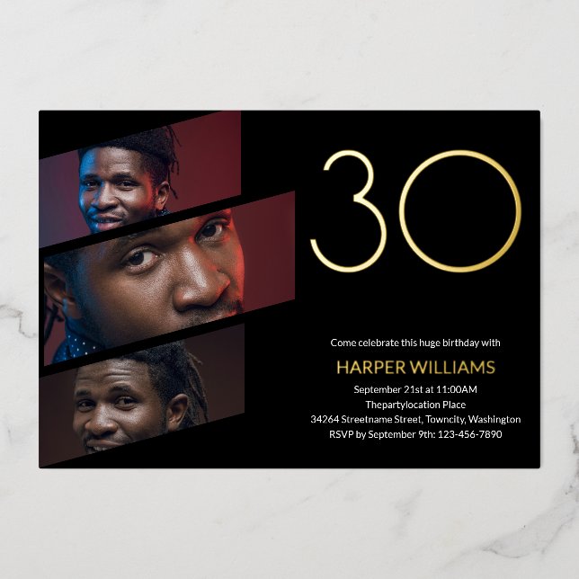 Modern Black Gold Foto 30. Geburtstag Folieneinladung (Vorderseite)