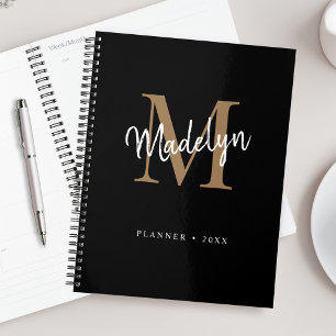 Modern Black Gold Girl Monogram Script Name Planer