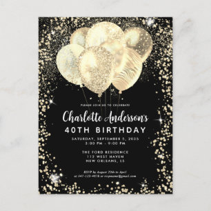 Modern Black Gold Glam Glitzer Balloon Geburtstag Postkarte