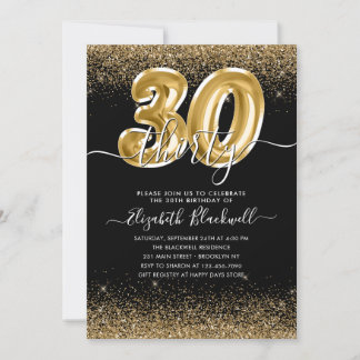 Modern Black Gold Glitzer Ballon 30. Geburtstag Einladung