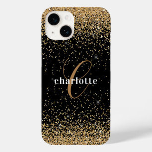 Modern Black Gold Glitzer Monogram Name Party Case-Mate iPhone 14 Hülle