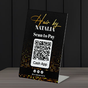 Modern Black Gold Hair Salon Cash App QR-Code Sockelschild