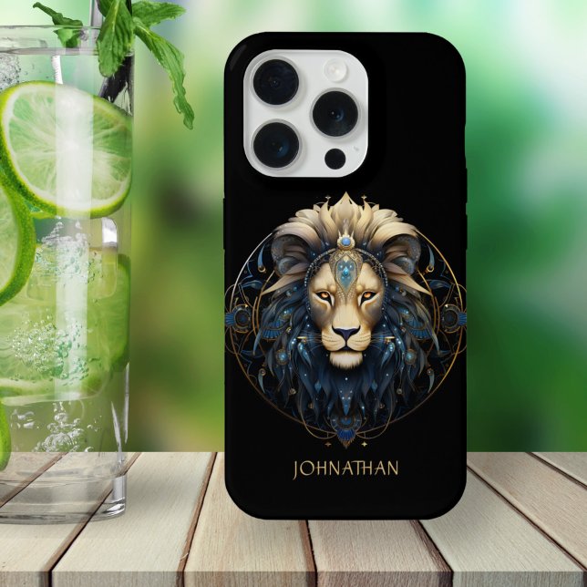 Modern Black Gold Lion Zodiac Sun Namensschild Leo iPhone Hülle (Von Creator hochgeladen)