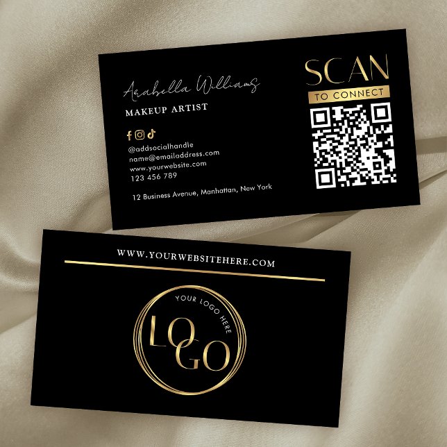 Modern Black Gold Logo Makeup Beauty Salon QR Code Visitenkarte (Black and gold modern QR code business cards with faux gold foil effects and modern layout)