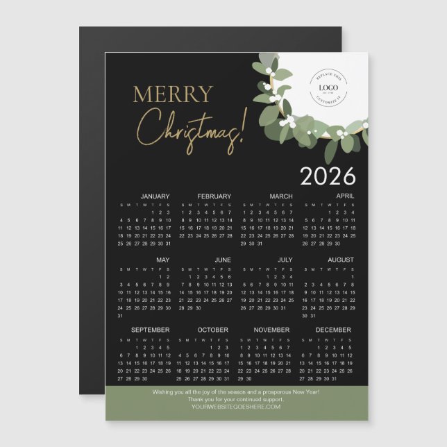 Modern Black & Gold Merry Christmas 2026 Calendar Magnetkarte (Vorne/Hinten)