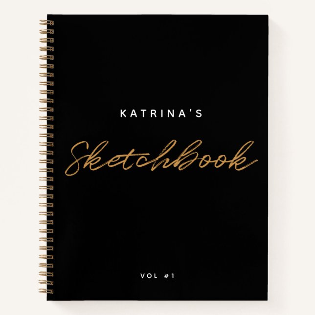 Modern Black Gold Minimalistisch Script Sketchbook Notizbuch (Vorderseite)