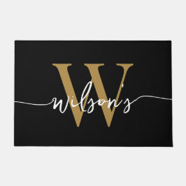 Modern Black Gold Monogram Family Name Script Fußmatte