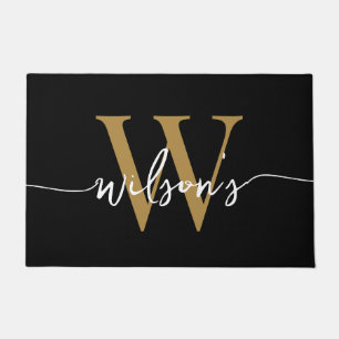 Modern Black Gold Monogram Family Name Script Fußmatte