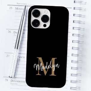 Modern Black Gold Monogram Feminine Script Name Case-Mate iPhone 14 Pro Max Hülle