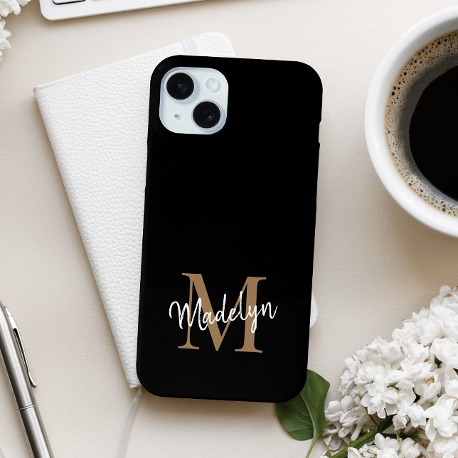 Modern Black Gold Monogram Feminine Script Name Case-Mate iPhone Hülle (Von Creator hochgeladen)